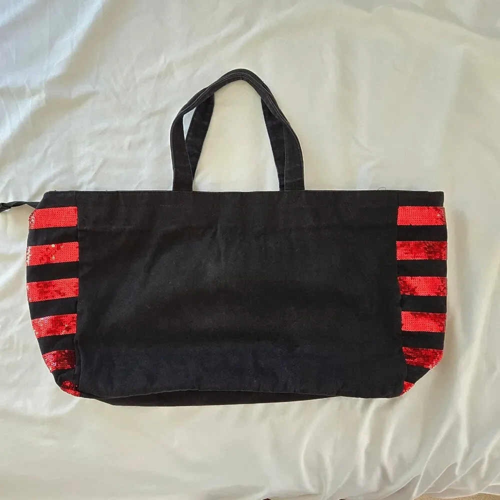 Victorias Secret Tote Bag 2000's Y2K Size XL Black Canvas Red Sequin Lip Design